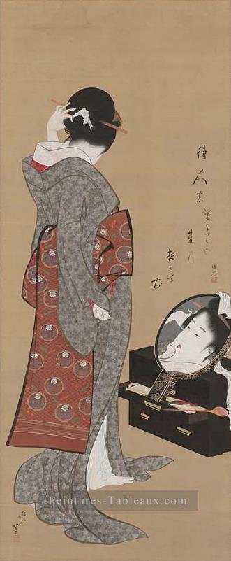 femme se regardant dans un miroir Katsushika Hokusai ukiyoe Peintures à l'huile